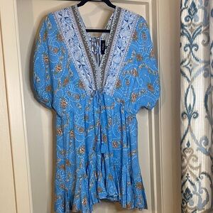 Aakaa Sky Blue Paisley Floral Tie-Front Mini Dress